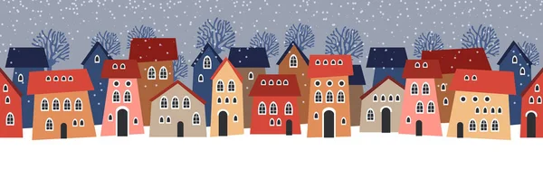 Χαριτωμένα Χριστουγεννιάτικα Και Χειμερινά Σπίτια Χιονάτη Νύχτα Άνετο Πανόραμα Πόλη Royalty Free Διανύσματα Αρχείου