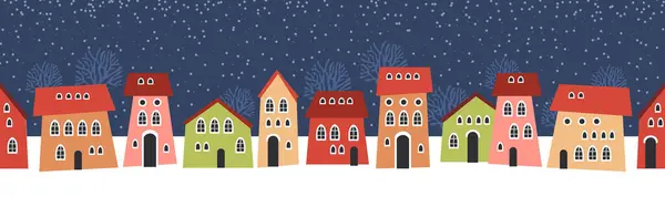 Χαριτωμένα Χριστουγεννιάτικα Και Χειμερινά Σπίτια Χιονάτη Νύχτα Άνετο Πανόραμα Πόλη Διάνυσμα Αρχείου