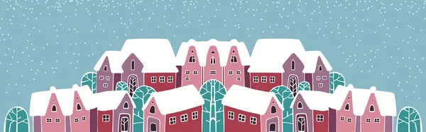 Niedliche Weihnachts Und Winterhäuser Verschneite Nacht Gemütlichen Stadtpanorama Der Weihnachtsstadt Stockvektor