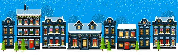 Χαριτωμένα Χριστουγεννιάτικα Και Χειμερινά Σπίτια Χιονάτη Νύχτα Άνετο Πανόραμα Πόλη — Διανυσματικό Αρχείο