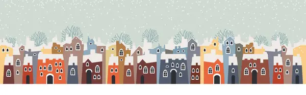 Niedliche Weihnachts Und Winterhäuser Verschneite Nacht Gemütlichen Stadtpanorama Der Weihnachtsstadt lizenzfreie Stockvektoren