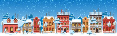 Şirin Noel ve kışlık evler. Sıcak bir Noel gecesi, şehir panoramasında karlı bir gece. Kış köyü gece manzarası Noel dış dekorasyonları.