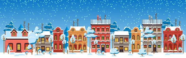 Niedliche Weihnachts Und Winterhäuser Verschneite Nacht Gemütlichen Stadtpanorama Der Weihnachtsstadt Vektorgrafiken