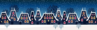 Şirin Noel ve kış geceleri şehir evleri. Şehir panoramasının karlı pencereleri.