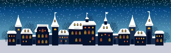 かわいいクリスマスと冬の夜の街の家 スノーウィーウィンドウズ ライトタウンパノラマ ロイヤリティフリーストックベクター