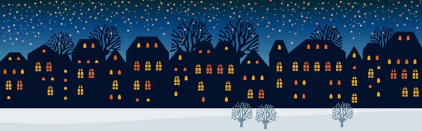 Niedliche Weihnachts Und Winternächte Stadthäuser Verschneite Fenster Der Lichter Stadtpanorama Vektorgrafiken