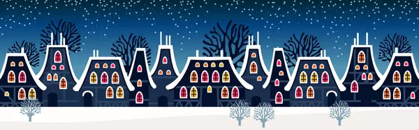 Niedliche Weihnachts Und Winternächte Stadthäuser Verschneite Fenster Der Lichter Stadtpanorama Vektorgrafiken
