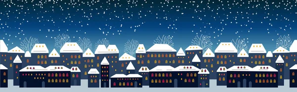 Słodkie Boże Narodzenie Zima Nocne Domy Miasta Ośnieżone Szyby Panoramy — Wektor stockowy