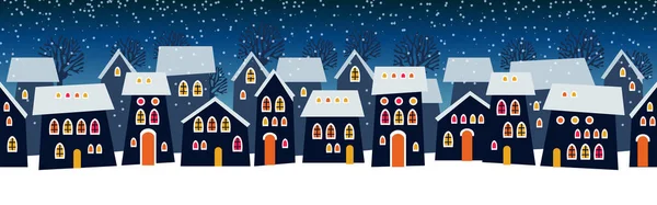 Söt Jul Och Vinter Nattstadshus Snöiga Fönster Ljus Stad Panorama Royaltyfria illustrationer