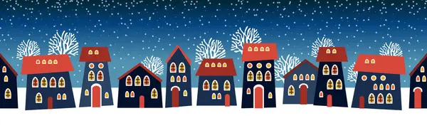 Söt Jul Och Vinter Nattstadshus Snöiga Fönster Ljus Stad Panorama Stockillustration