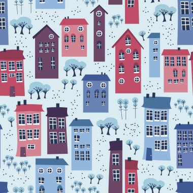 Kışlık evler, ağaçlar ve diğer elementlerle kusursuz bir Noel deseni. Kumaş, ambalaj kağıdı, yapıştırma kitabı, tekstil, poster, afiş ve diğer Noel tasarımları için kullanılabilir.