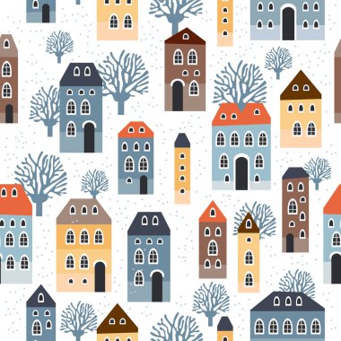 Kışlık evler, ağaçlar ve diğer elementlerle kusursuz bir Noel deseni. Kumaş, ambalaj kağıdı, yapıştırma kitabı, tekstil, poster, afiş ve diğer Noel tasarımları için kullanılabilir.