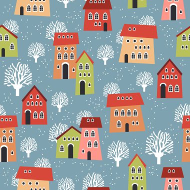 Kışlık evler, ağaçlar ve diğer elementlerle kusursuz bir Noel deseni. Kumaş, ambalaj kağıdı, yapıştırma kitabı, tekstil, poster, afiş ve diğer Noel tasarımları için kullanılabilir.