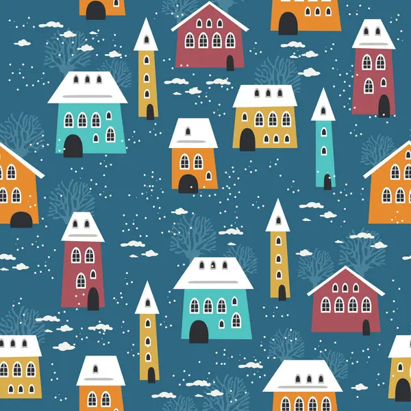 Weihnachten Nahtlose Muster Mit Winterhäusern Bäumen Und Anderen Elementen Kann — Stockvektor
