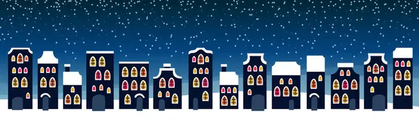 かわいいクリスマスと冬の夜の街の家 スノーウィーウィンドウズ ライトタウンパノラマ ロイヤリティフリーストックベクター