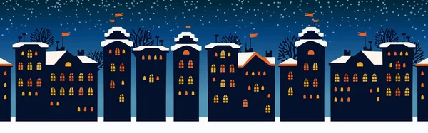 Söt Jul Och Vinter Nattstadshus Snöiga Fönster Ljus Stad Panorama Stockillustration