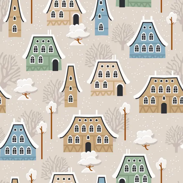 冬の家 木および他の要素が付いているクリスマスの継ぎ目が無いパターン 包むペーパー スクラップブッキング ポスター 旗および他のクリスマスの設計に使用することができます ストックベクター