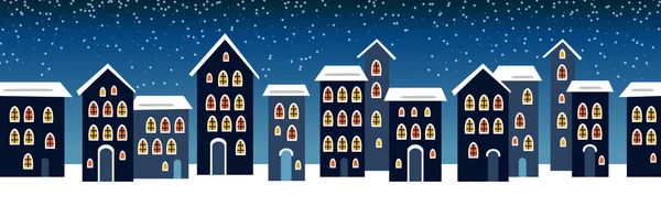 Carino Natale Inverno Case Città Notte Finestre Innevate Delle Luci Illustrazione Stock