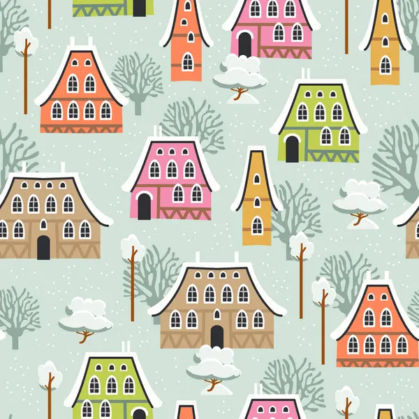 Weihnachten Nahtlose Muster Mit Winterhäusern Bäumen Und Anderen Elementen Kann lizenzfreie Stockvektoren