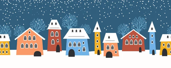 シームレスなパターンの冬の風景 クリスマスと新年を祝います パノラマ 冬の街並みとシームレスな境界線 居心地の良い街で雪が降った夜 冬のクリスマスビレッジNight風景 ストックイラスト