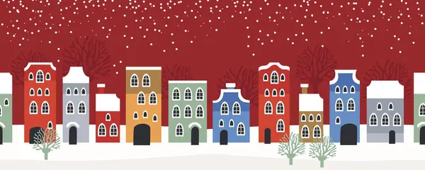 シームレスなパターンの冬の風景 クリスマスと新年を祝います パノラマ 冬の街並みとシームレスな境界線 居心地の良い街で雪が降った夜 冬のクリスマスビレッジNight風景 ロイヤリティフリーストックベクター