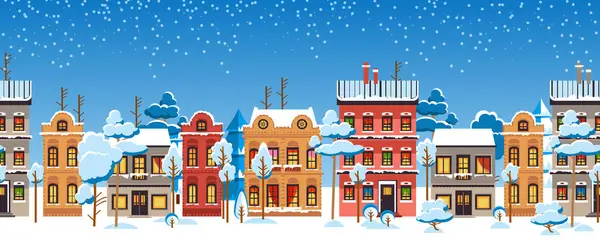 シームレスなパターンの冬の風景 クリスマスと新年を祝います パノラマ 冬の街並みとシームレスな境界線 居心地の良い街で雪が降った夜 冬のクリスマスビレッジNight風景 ストックベクター