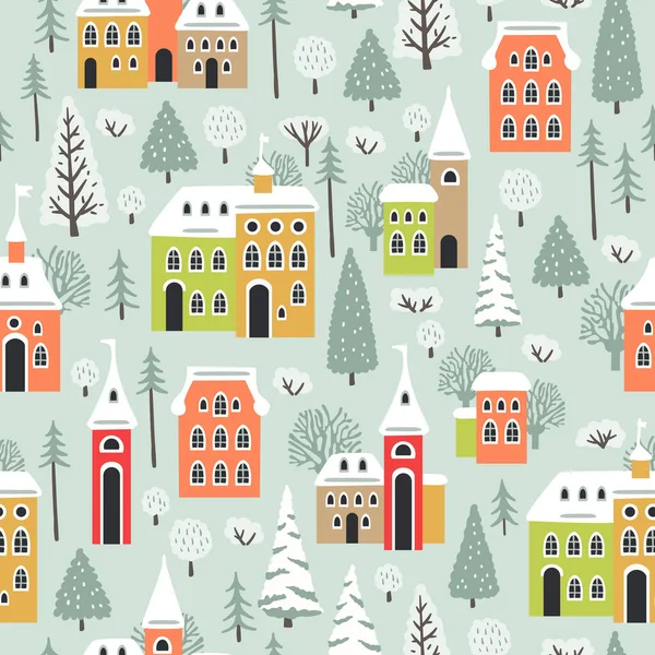 冬の家 木および他の要素が付いているクリスマスの継ぎ目が無いパターン 包むペーパー スクラップブッキング ポスター 旗および他のクリスマスの設計に使用することができます ロイヤリティフリーのストックイラスト