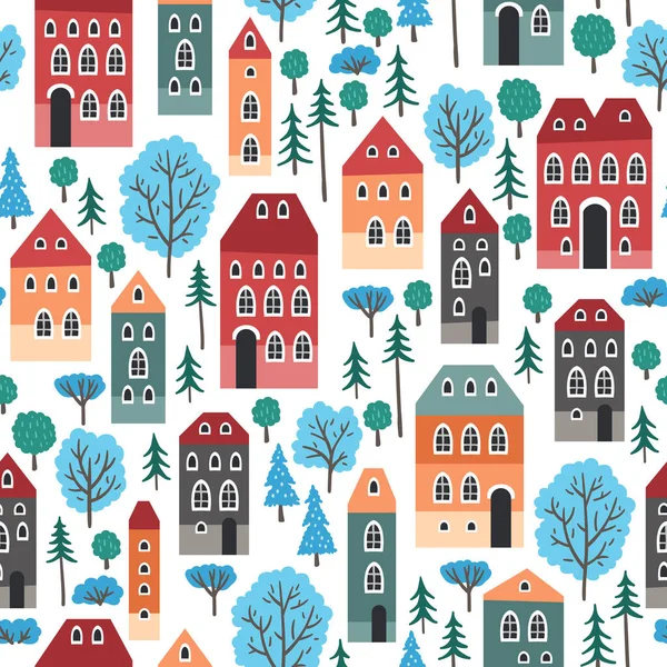 Weihnachten Nahtlose Muster Mit Winterhäusern Bäumen Und Anderen Elementen Kann Stockillustration