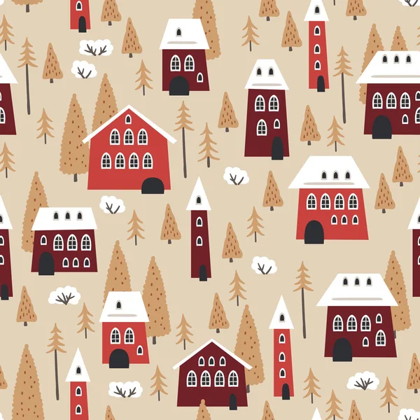 冬の家 木および他の要素が付いているクリスマスの継ぎ目が無いパターン 包むペーパー スクラップブッキング ポスター 旗および他のクリスマスの設計に使用することができます ストックイラスト