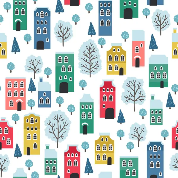 Boże Narodzenie Bezproblemowy Wzór Domów Zimowych Drzew Innych Elementów Może Ilustracje Stockowe bez tantiem