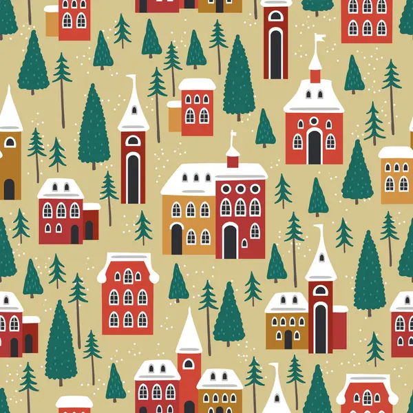 冬の家 木および他の要素が付いているクリスマスの継ぎ目が無いパターン 包むペーパー スクラップブッキング ポスター 旗および他のクリスマスの設計に使用することができます ベクターグラフィックス