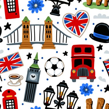 Parlak neşeli çocuklar, Büyük Britanya 'nın sembolleriyle kusursuz vektör desenleri. Londra mı? Union Jack, Big Ben, çay, kırmızı telefon kulübesi. Birleşik Krallık simgeleri. Çocuksu seyahat geçmişi