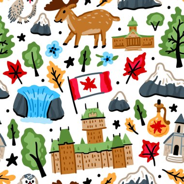 Parlak neşeli çocuklar, Kanada sembollü kusursuz vektör desenleri. Amerikan yerlisi, akçaağaç yaprağı, geyik, Niagara şelalesi. Alaska simgeleri. Çocuksu Orman seyahat geçmişi. Kuzey Amerika