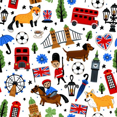 Parlak neşeli çocuklar, Büyük Britanya 'nın sembolleriyle kusursuz vektör desenleri. Londra mı? Union Jack, Big Ben, otobüs, muhafız, Köprü. Birleşik Krallık simgeleri. Çocuksu seyahat geçmişi