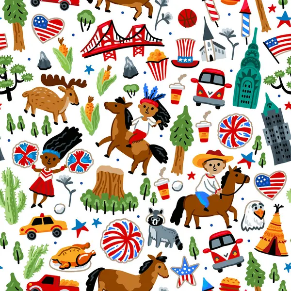 stock vector Bright cheerful children seamless vector pattern with symbols of the United States of America. July 4. American Indian, cowboy, eagle. USA landmarks. Childish travel background