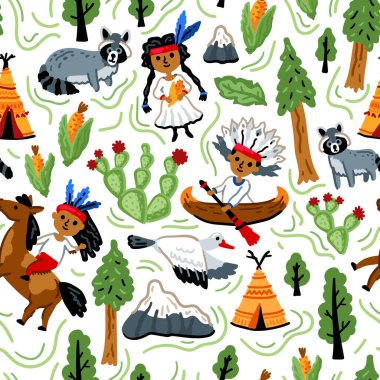 Bright cheerful children seamless vector pattern with American native indians. Childish background. Cheerful characters with animals and plants. Wigwam, mountains, horse clipart