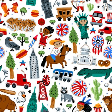 Parlak neşeli çocuklar, Amerika Birleşik Devletleri sembollü kusursuz vektör desenleri. 4 Temmuz. Amerikan yerlisi, özgürlük heykeli, kartal, bizon, düş kapanı. ABD simgeleri. Çocukça. 