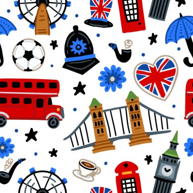 Parlak neşeli çocuklar, Büyük Britanya 'nın sembolleriyle kusursuz vektör desenleri. Londra mı? Union Jack, Big Ben, Londra Köprüsü, otobüs. Birleşik Krallık simgeleri. Çocuksu seyahat geçmişi