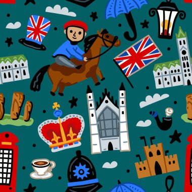Parlak neşeli çocuklar, Büyük Britanya 'nın sembolleriyle kusursuz vektör desenleri. Londra mı? Union Jack, Stonehenge, taç, şemsiye, bayrak. Birleşik Krallık simgeleri. Çocuksu seyahat geçmişi