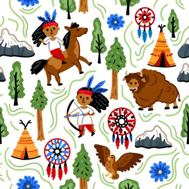 Parlak neşeli çocuklar, Amerikan yerlileriyle kusursuz vektör deseni. Çocuksu bir geçmiş. Hayvanları ve bitkileri olan neşeli karakterler. Wigwam, kartal, at, düş kapanı