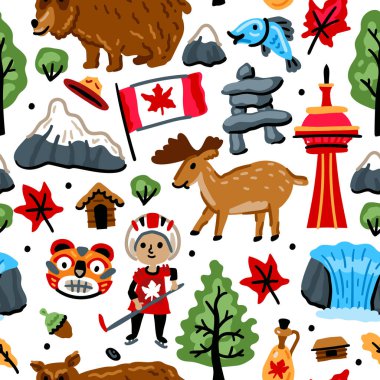 Parlak neşeli çocuklar, Kanada sembollü kusursuz vektör desenleri. Amerikan yerlisi, akçaağaç yaprağı, boz ayı, Niagara şelalesi. Alaska simgeleri. Çocuksu Orman seyahat geçmişi. Kuzey Amerika