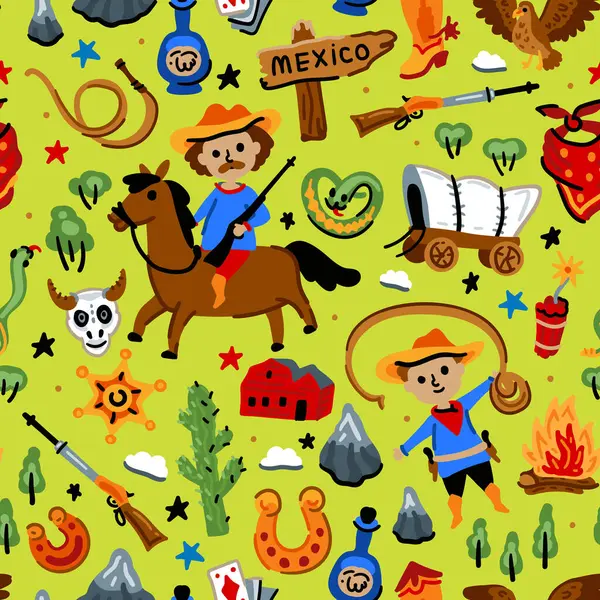 stock vector Bright cheerful children seamless vector pattern with American western cowboy from wild west rural Landscape. Childish background. Wild West. Texas. Cheerful characters with animals and plants.