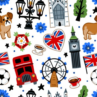 Parlak neşeli çocuklar, Büyük Britanya 'nın sembolleriyle kusursuz vektör desenleri. Londra mı? Union Jack, Big Ben, otobüs, bulldog, çay. Birleşik Krallık simgeleri. Çocuksu seyahat geçmişi