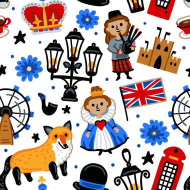 Parlak neşeli çocuklar, Büyük Britanya 'nın sembolleriyle kusursuz vektör desenleri. Londra mı? İngiliz bayrağı, kraliçe, bayrak, kırmızı telefon kulübesi. Birleşik Krallık simgeleri. Çocuksu seyahat geçmişi