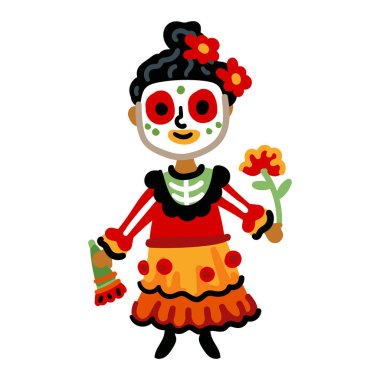 Catrina Calavera iskeleti, yelpazeli, çiçekli. El dia de los Muertos için Katrina Garbancera kostümü giymiş bir kadın. Meksika Ölüm Günü tatili. Çizgi film vektör çizimi beyaz üzerine izole edildi 