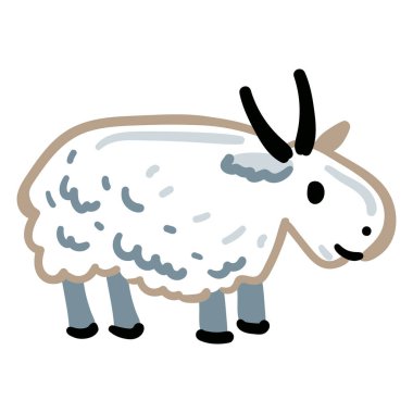 Beyaz arka planda izole edilmiş beyaz keçi çizgi film karakteri çizimi.