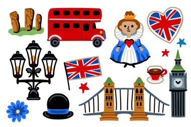 Londra seti, Birleşik Krallık Çizgi Film Simgeleri Tasarım Seyahat Konsepti. Kırmızı otobüs, kız, köprü. Büyük Ben. Seyahat işaretleri vektör çizimleri.