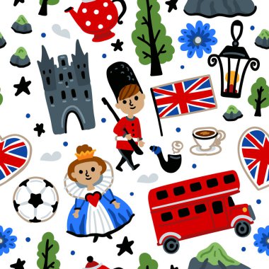 Parlak neşeli çocuklar, Büyük Britanya 'nın sembolleriyle kusursuz vektör desenleri. Londra mı? İngiliz Jack, kız, çift katlı, kale, otobüs. Birleşik Krallık simgeleri. Çocuksu seyahat geçmişi
