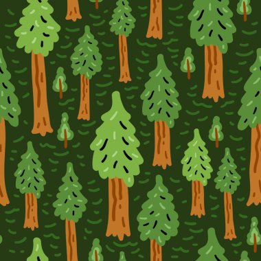 Parlak orman komik karikatür vektörsüz desen. Doğanın neşeli çocuk ağaçları. Çocuk tekstil ürünleri için, bebekler için elle çizilmiş. Kuzey Ormanı