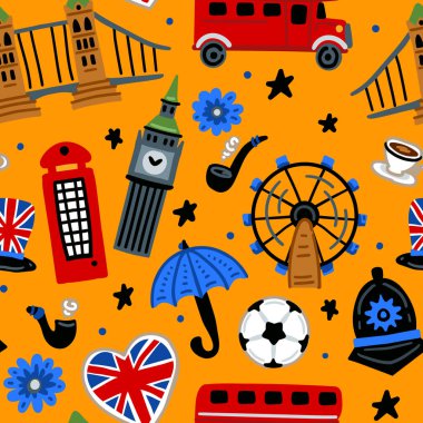 Parlak neşeli çocuklar, Büyük Britanya 'nın sembolleriyle kusursuz vektör desenleri. Londra mı? Union Jack, Big Ben, Londra Köprüsü, otobüs. Birleşik Krallık simgeleri. Çocuksu seyahat geçmişi